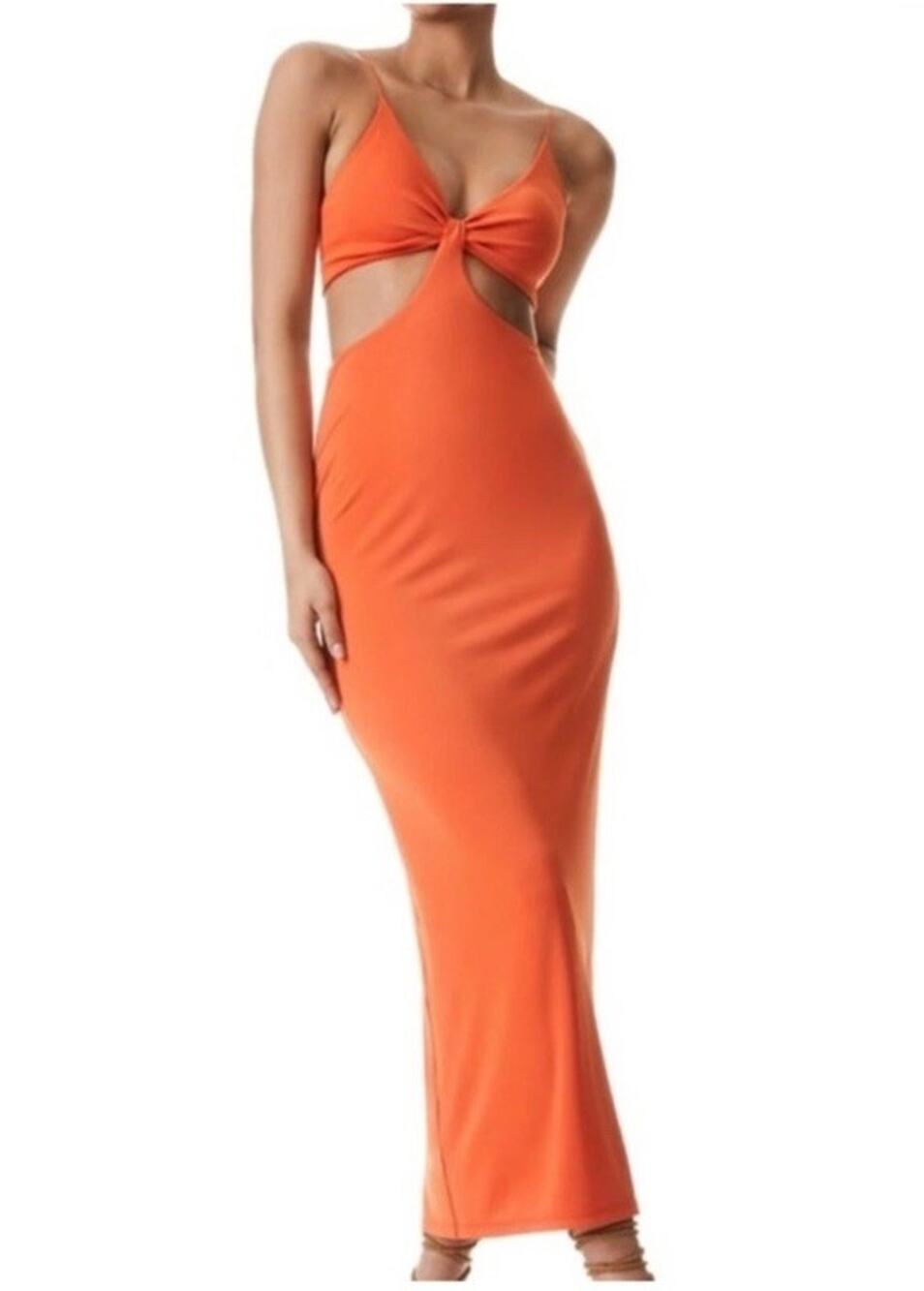 Alice + Olivia Cutout Maxi Dress Aperol Orange Bodycon Mesh Cocktail Miami Sz 8